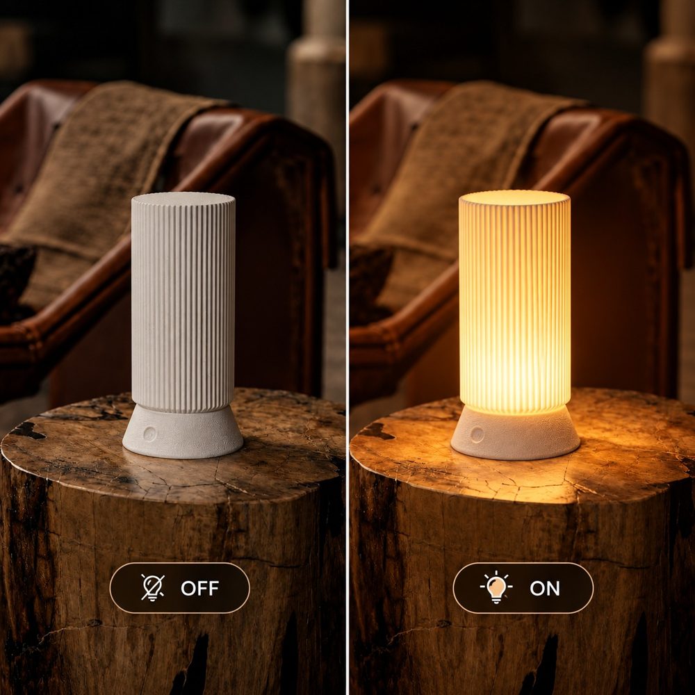 Muvelo lamp shown off and on, side by side