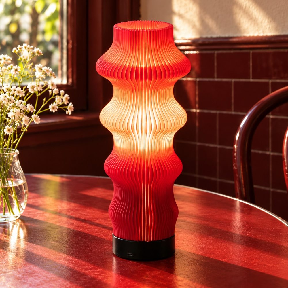 Muvelo red sculptural table lamp, switched on, on a café table